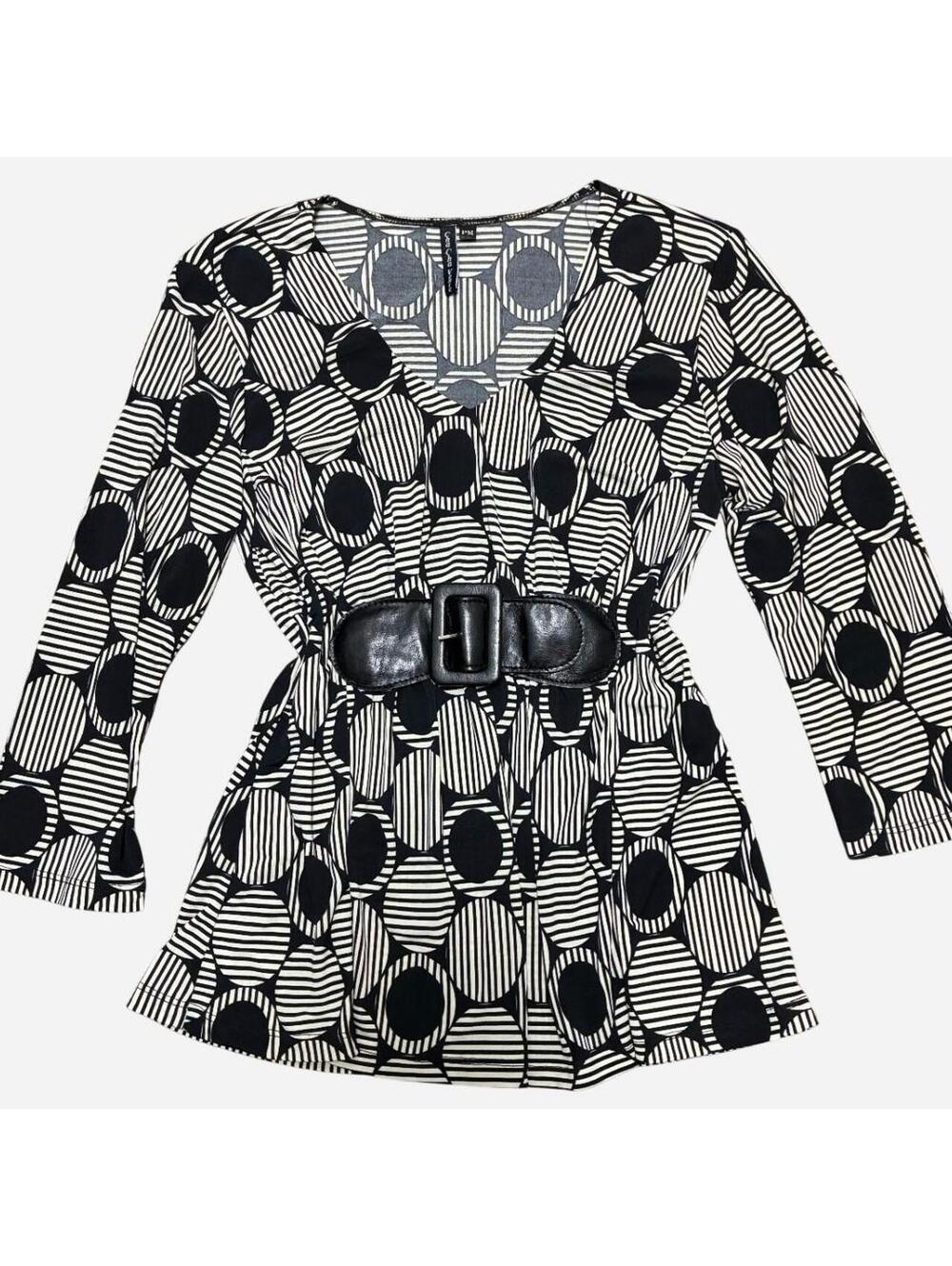 Y2K Black White Geometric Print Tunic Dress Belted V Neck Mod Retro Top small